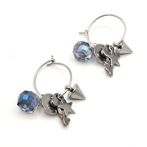 Silver Tone Charm Hoop Earrings Blue Crystal Star Key Spike Charms‎